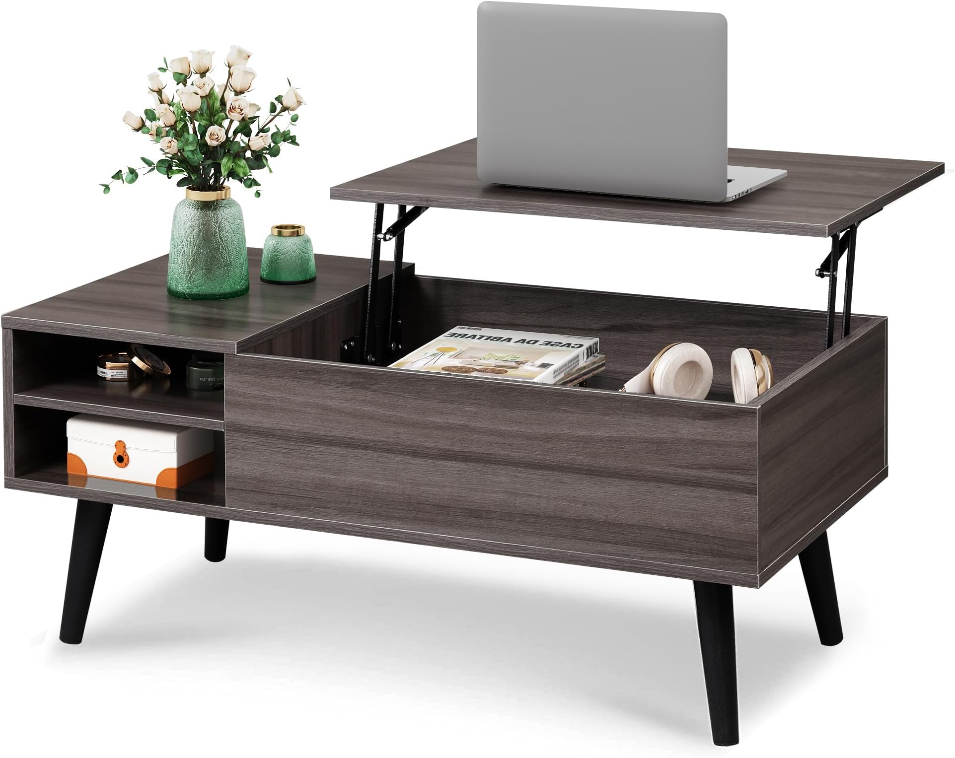 WLIVE Lift Top Coffee Table for Living Room, Small Coffee Table with Storage, Adjustable Shelf and Storage Compartment, Mid Century Modern Living Room Table, Wood, Grey