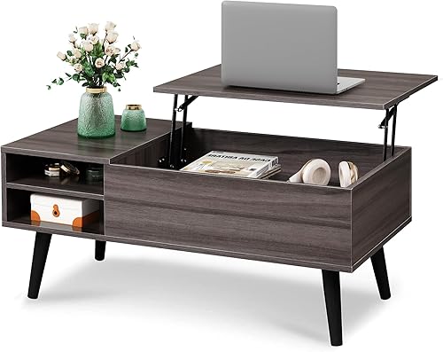 Miniatura 14 de WLIVE - Mesa de centro de madera con parte superior elevable, compartimento oculto y estante de almacenamiento ajustable, mesa elevable para comedor