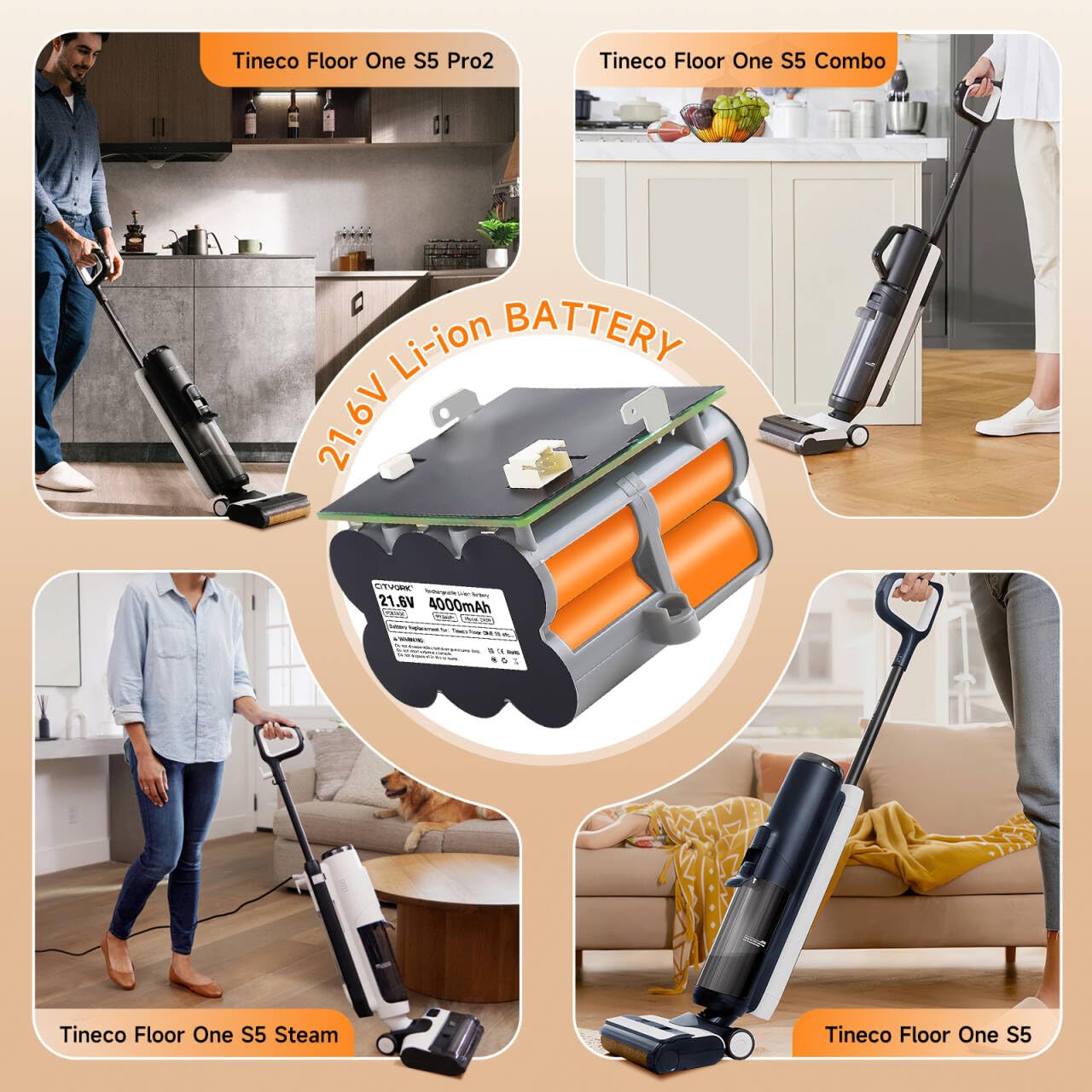 Aspirapolvere 21,6V Batteria di Ricambio per Tineco Floor One S5 / S5 Pro / S5 Pro 2 / S5 Smart / S5 Steam/ S5 Combo/S5 Extreme/S5 Intelligente- Lunga durata(1 batteria + 1 spazzola + 3M nastro)