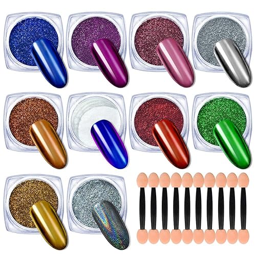 Kit de 10 frascos de polvo de uñas cromado con polvo de uñas holográfico/pigmentos metálicos camaleón con aplicadores de sombra de ojos, brillo de