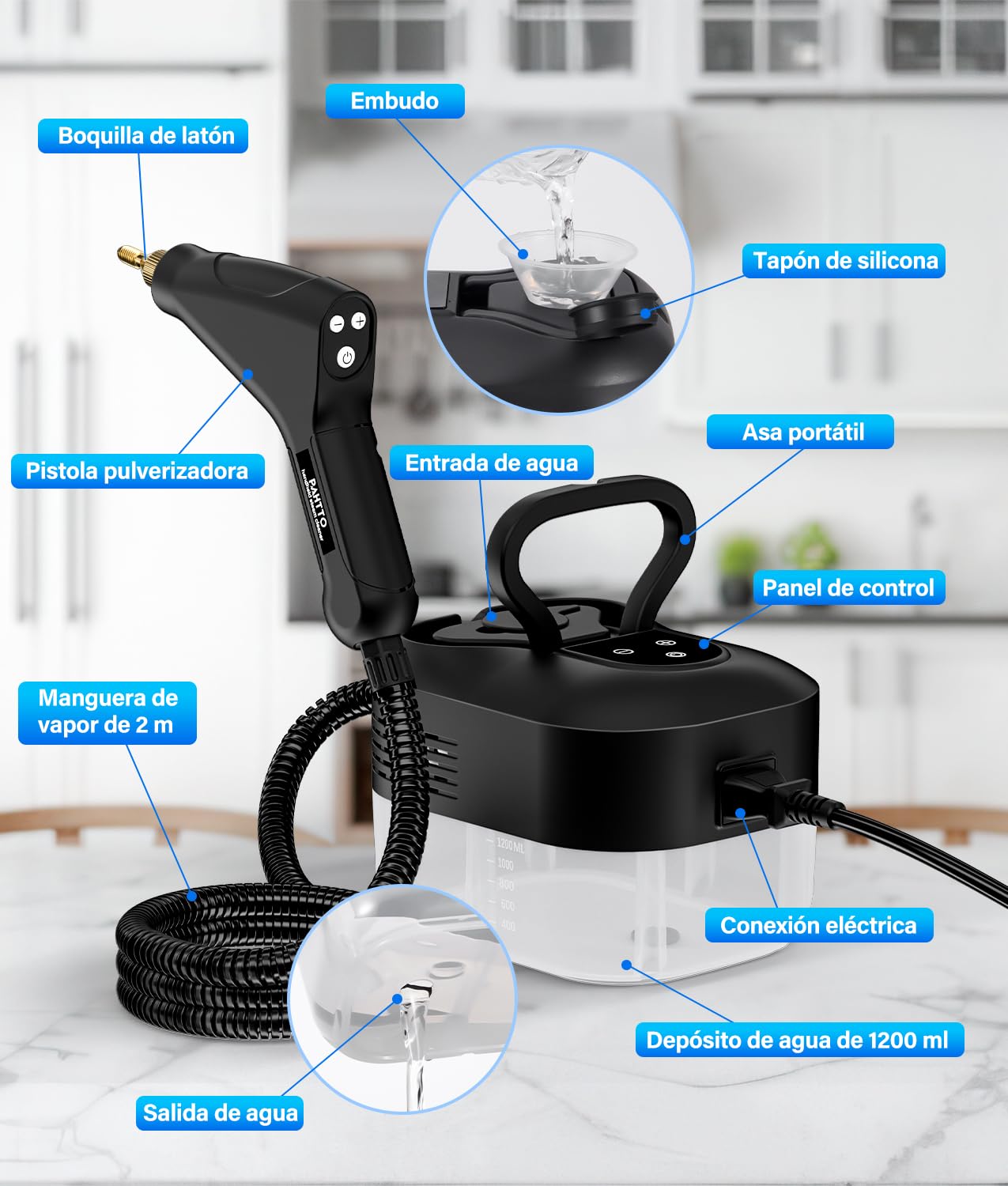 PAHTTO Limpiador a vapor multifuncional de alta temperatura para el hogar, con pantalla LCD y mango antiescaldaduras, cantidad de agua ajustable, adecuada para la limpieza de la casa y el coche
