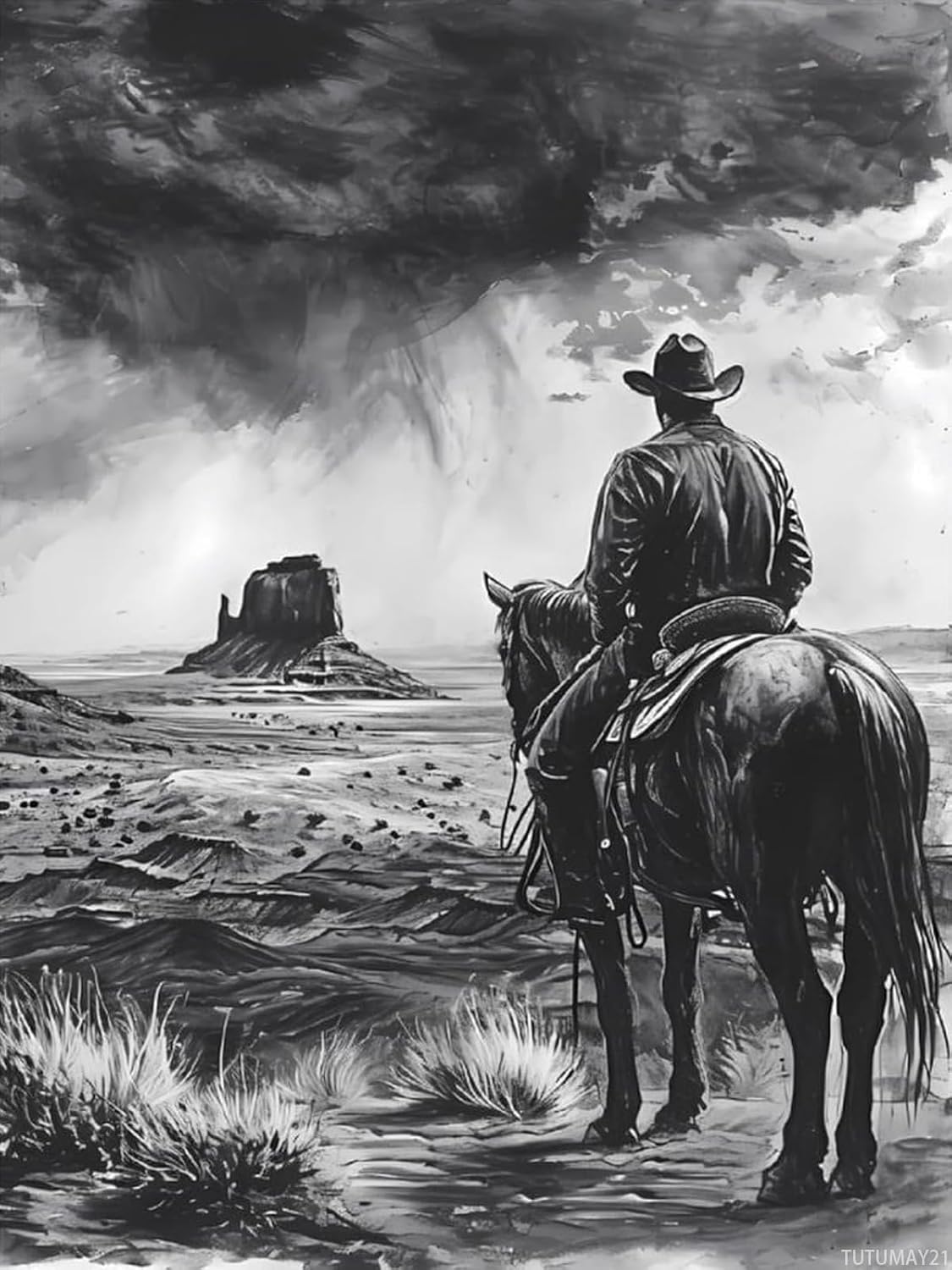 TUTUMAY21 Diamond Art Kit for Adults, 60s Black White Western Cowboy Diamond Painting for Adults Beginners, DIY 5D Diamond Art Painting Kits Craft for Home Wall Decor 12x16inch