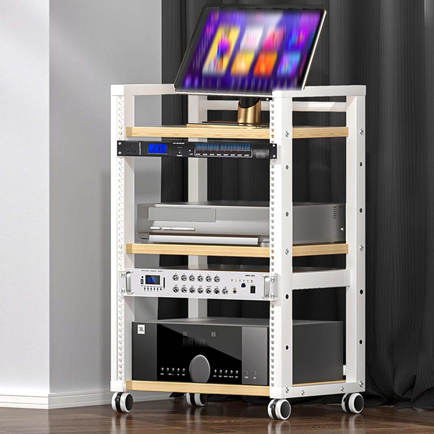 AV Media Stand, Media Storage Cabinet with Adjustable Shelves, Audio Rack with Universal Wheel, TV Stand, Easy to Assemble(Red)