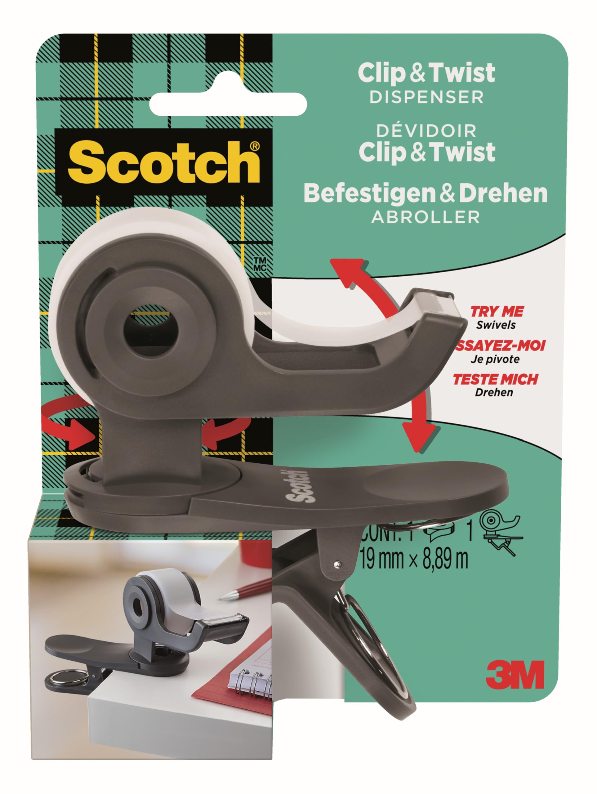 Scotch Ruban Dévidoir Clip&Twist C19 Gris – Rechargeable et Rouleau Scotch Magic 19 mm x 8,89 m