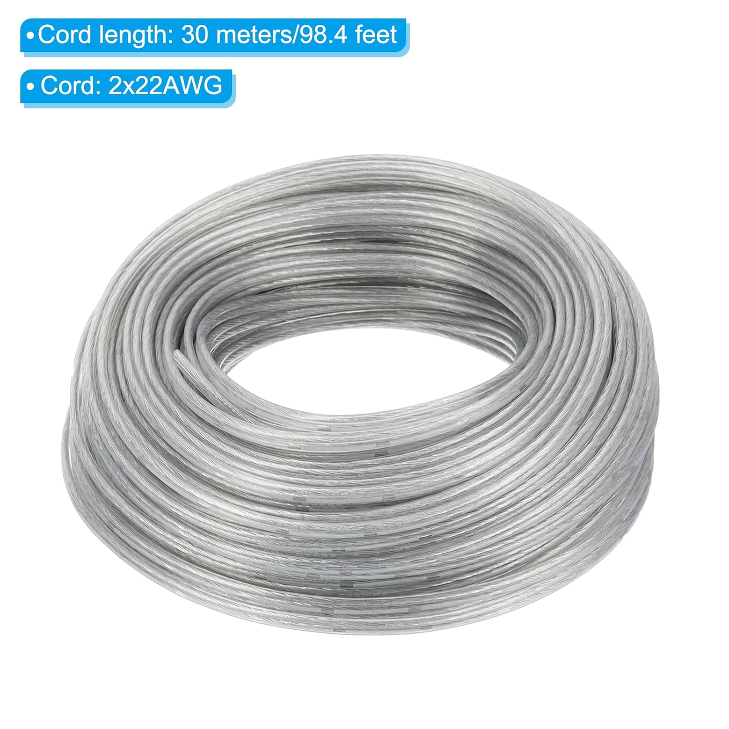 PATIKIL 98.4Ft 22/2 PVC Covered Copper Wire, 300V Soft Speaker Wire Insulated Heat Resistant Electronical Flexible Cable for LED Light Strip Audio Speaker Sound System, Clear, UL Listed