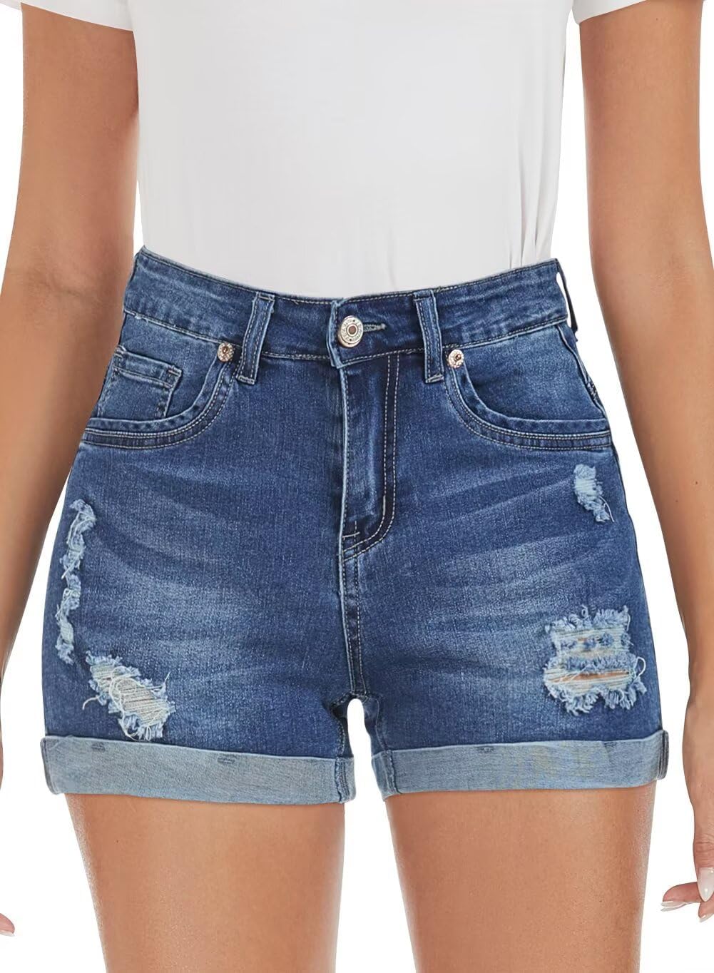 FEKOAFE 2026 Womens Casual Mid/High Waisted Denim Shorts Summer Stretchy Ripped Jean Shorts for Women - Image 3