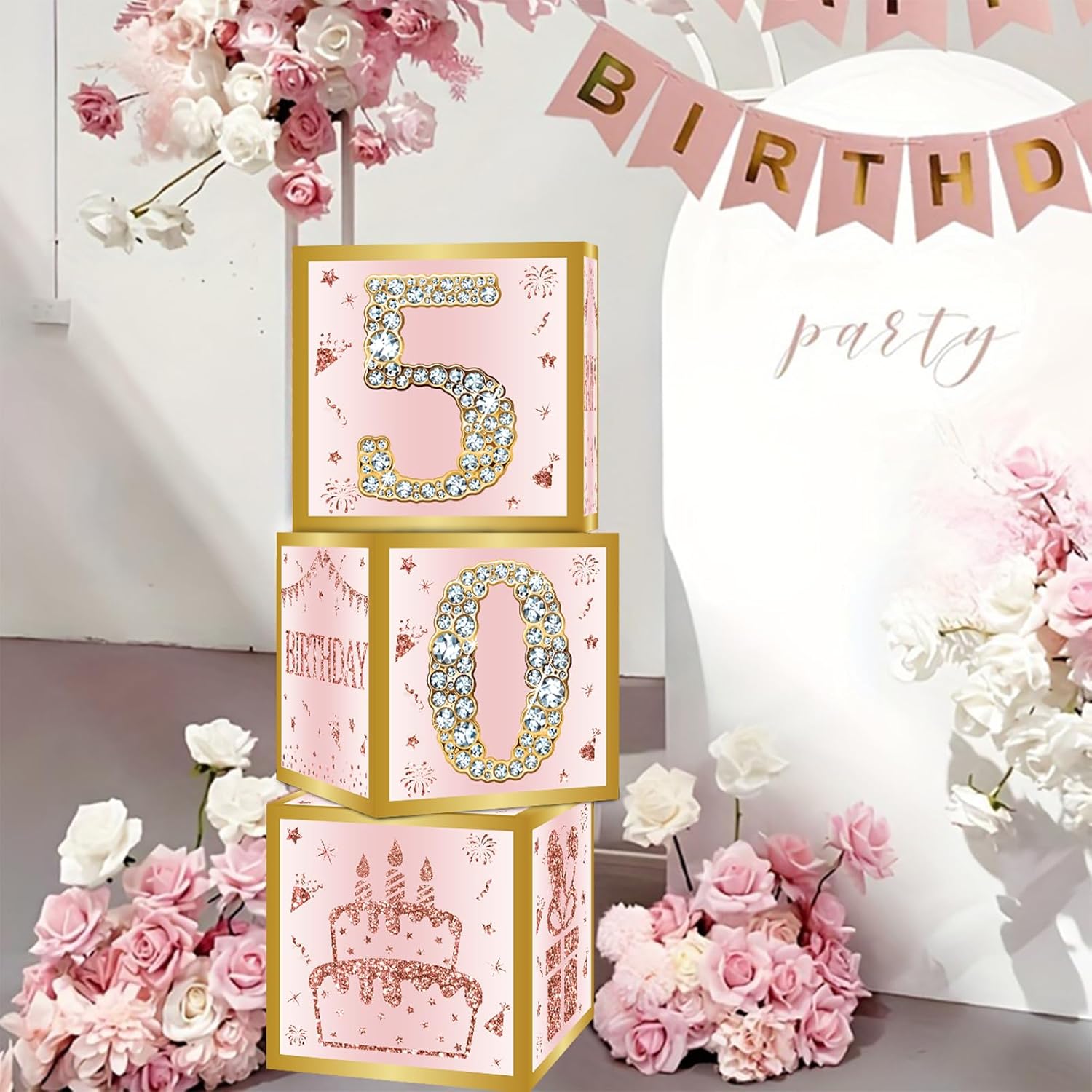 DataMoon Birthday Decorations Boxes with 0-9 Numbers for Girls or Women - 3PCS Pink Rose Gold Happy Birthday Balloons Boxes,Bday Theme Cardboard Decor - Image 8