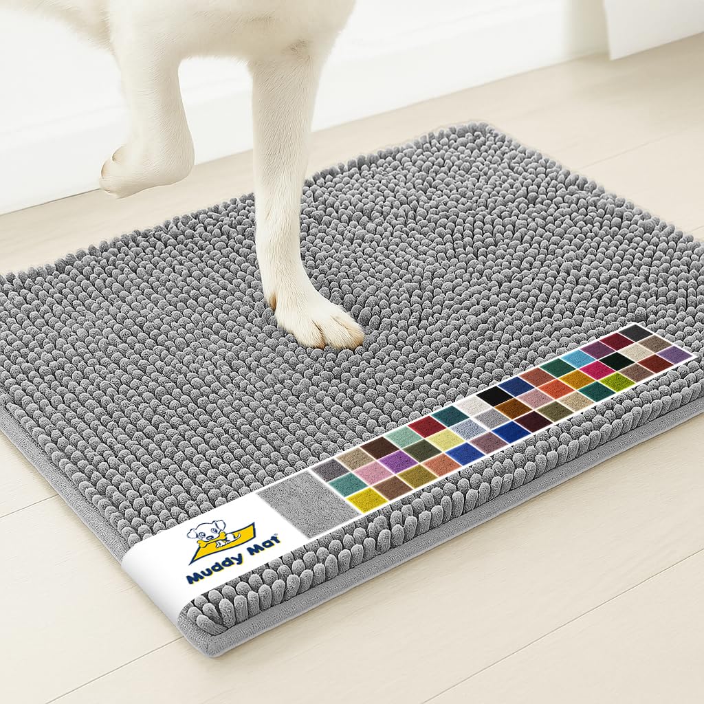 Muddy Mat® | Super Water Absorbent Door Mat Indoor, Microfiber Quick Dry Chenille Entryway Rug, Slip Resistant Front Door Mat, Indoor Mats for Entryway, Machine Washable Pet Rug, Light Grey 2ft x 4ft