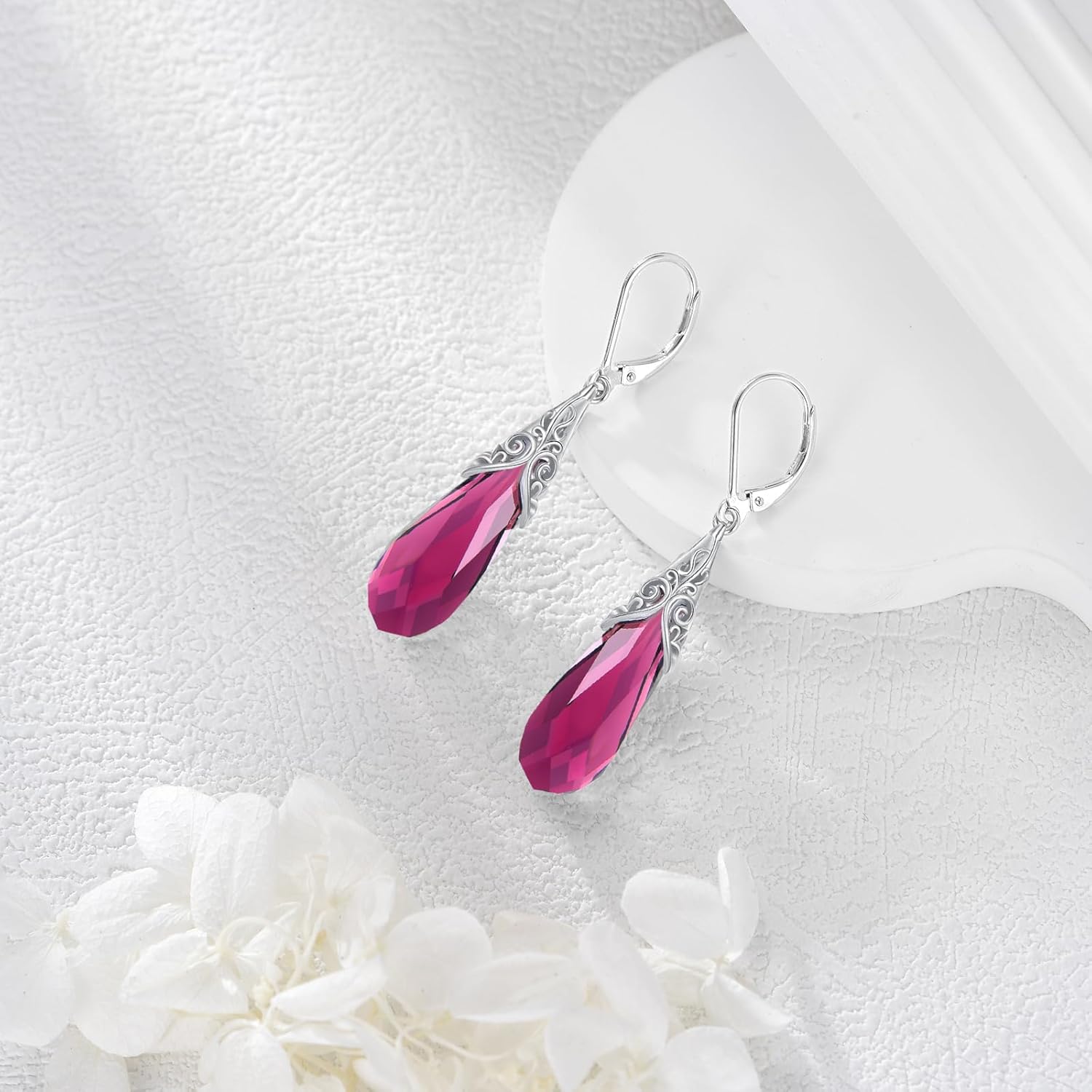 TIGERRIDER Amber/Aurora Borealis/Amethyst/Red Crystal Filigree 925 Sterling Silver Leverback Earrings Teardrop Dangle Earrings Vintage Jewelry Gifts for Women Christmas Birthday
