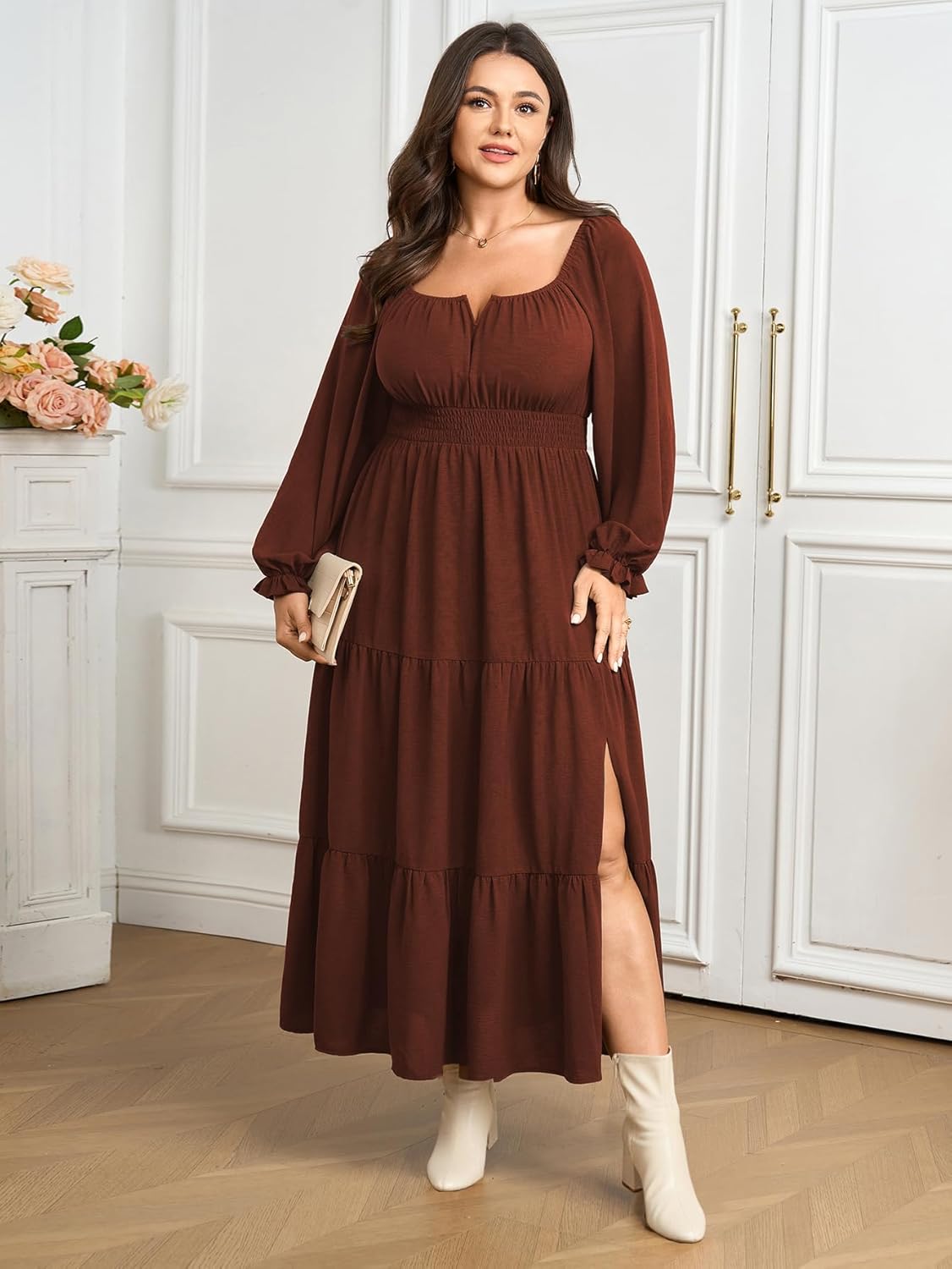 SCOMCHIC Womens Plus Size Formal Dress Fall Long Sleeve Square Neck Flowy A Line Tiered Side Split Wedding Guest Maxi Dress - Image 3