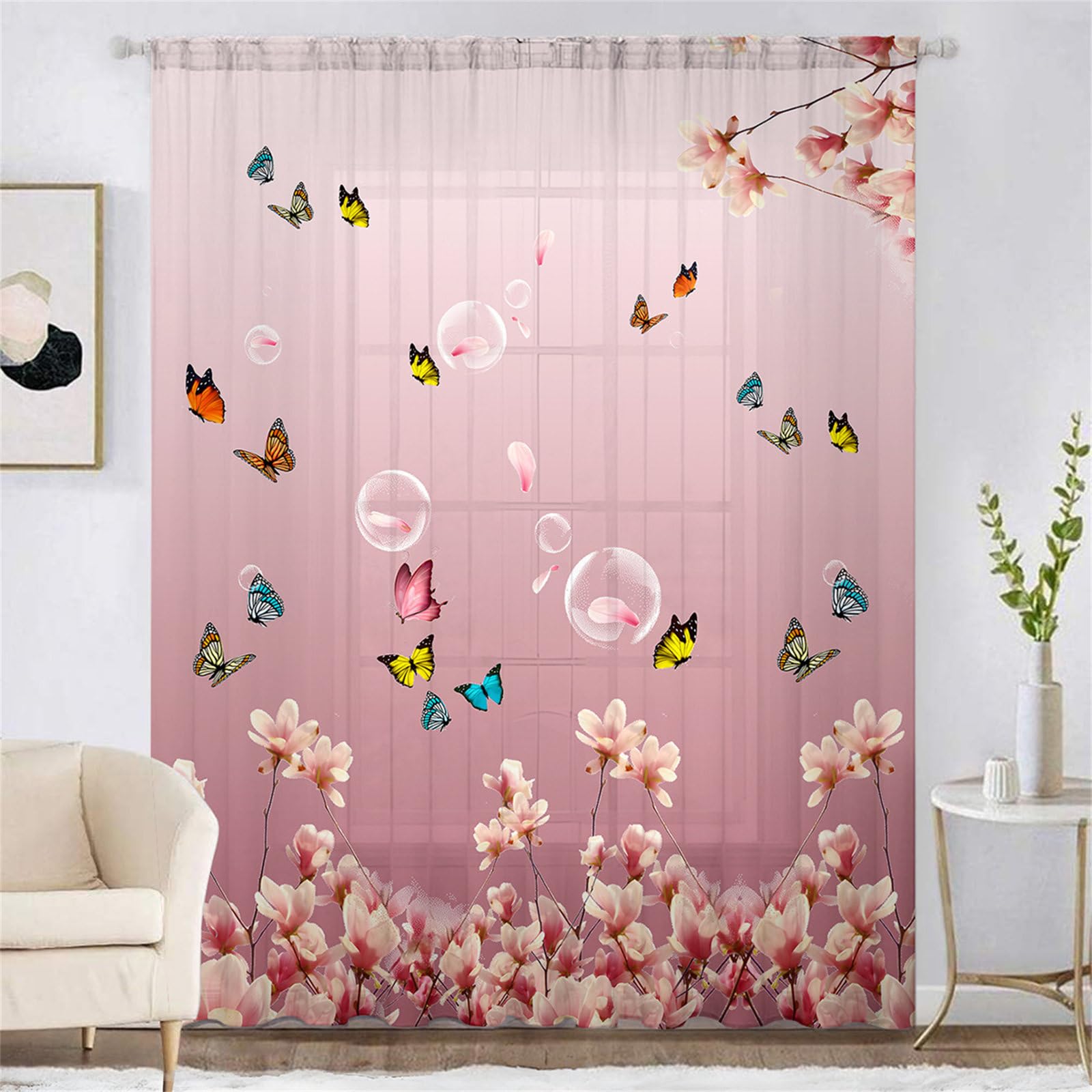 Surwin Net Curtains for Windows, 1 Panels Voile Curtain, Flower and Bird Series with Eyelets, Semi Transparent Lightweight Voile Panel for Living Room Bedroom Balcony (Pink 2,W132xH241cm)