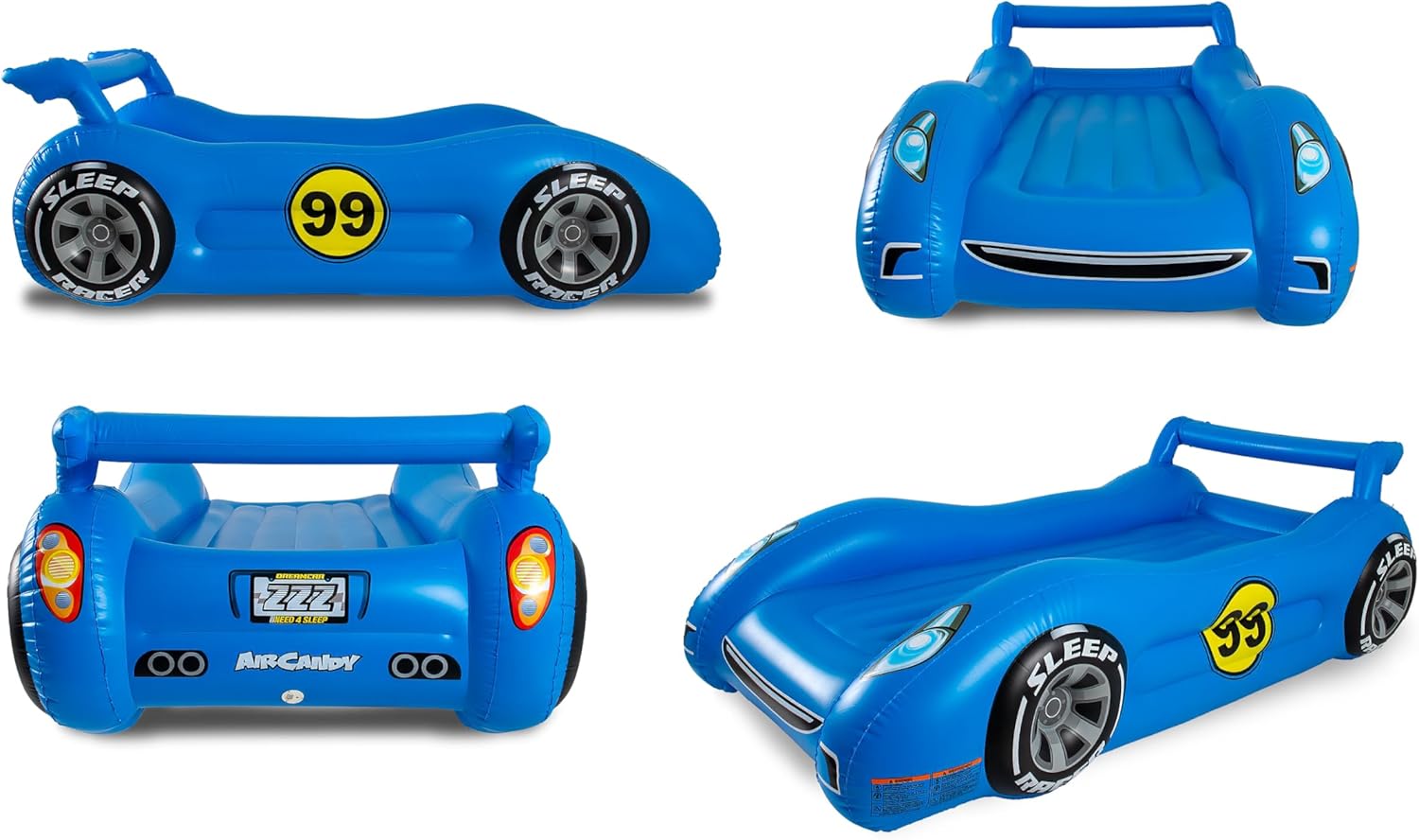 Air Candy Sleep Racer Dream Car Inflatable Kids Bed with LED Night Light Glow – Blue Race Car Air Mattress for Kids Sleepovers, Naps & Travel, Ages 3–12