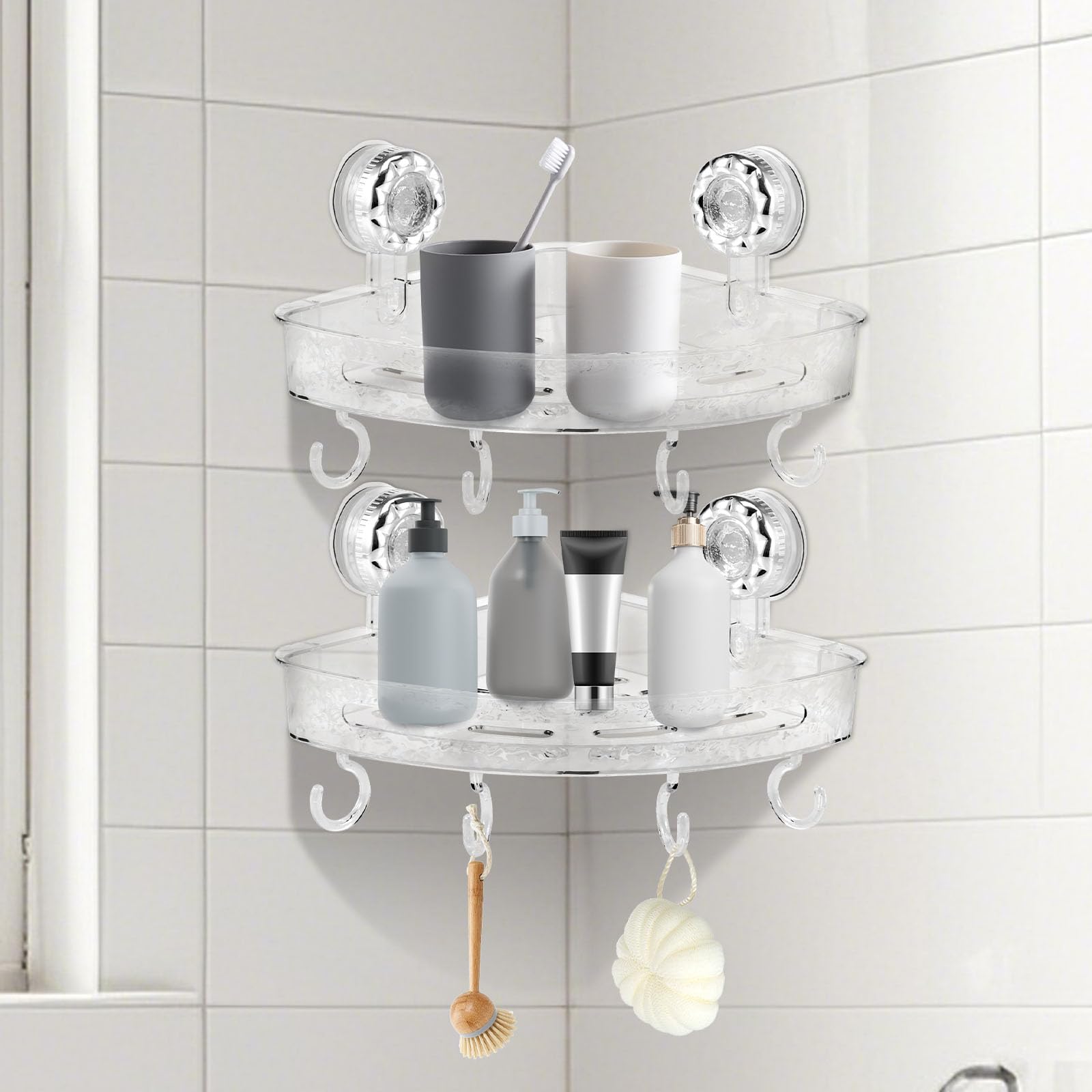 Cbwerbb Corner Shower Caddy,Suction Shower Shelf With Hooks, Rustproof Bathroom Storage Organizer Rack,No Drilling Shampoo Holder Wall Mounted,2-Pack