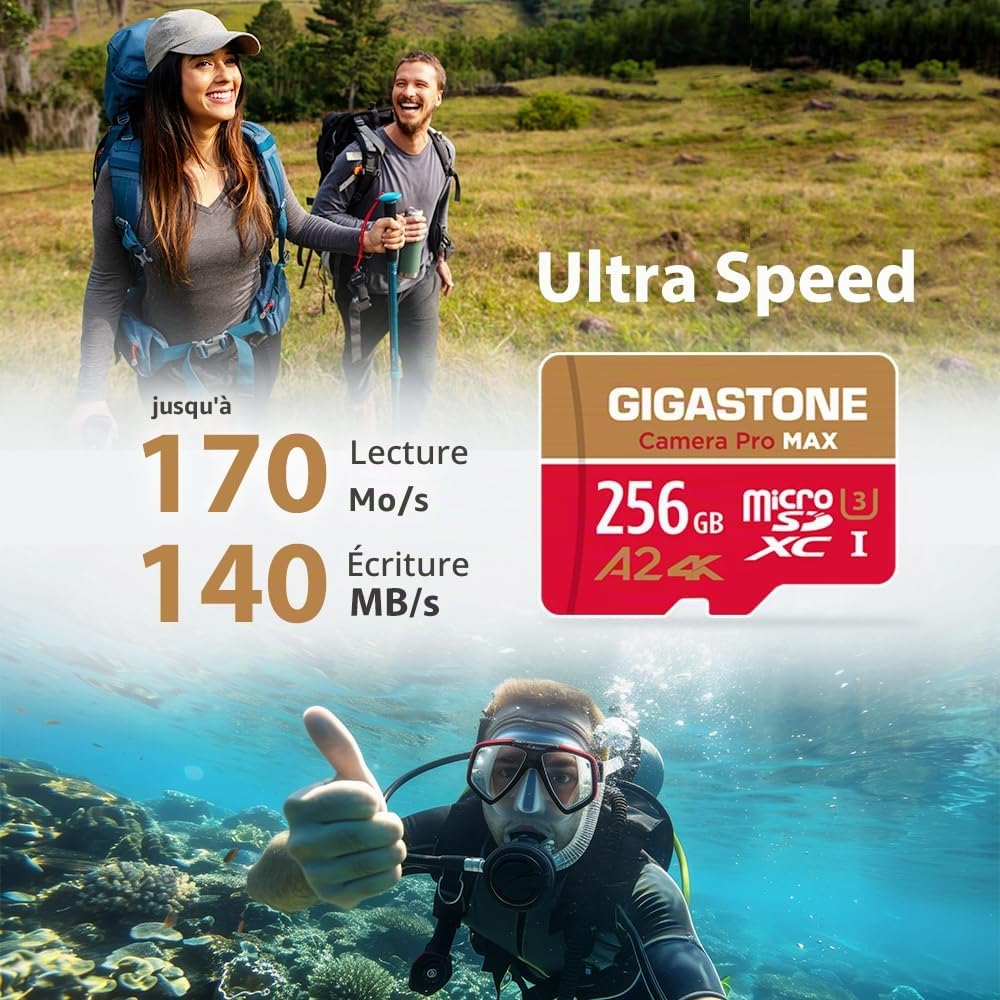 [5 Ans Récupération de données Gratuite] GIGASTONE Carte Mémoire MicroSDXC 256 Go avec USB 3.2 Type C Lecteur de Carte, Camera Pro Max, Vitesse jusqu'à 170/140 Mo/s, pour GoPro, DJI, Drone, 4K A2 V30