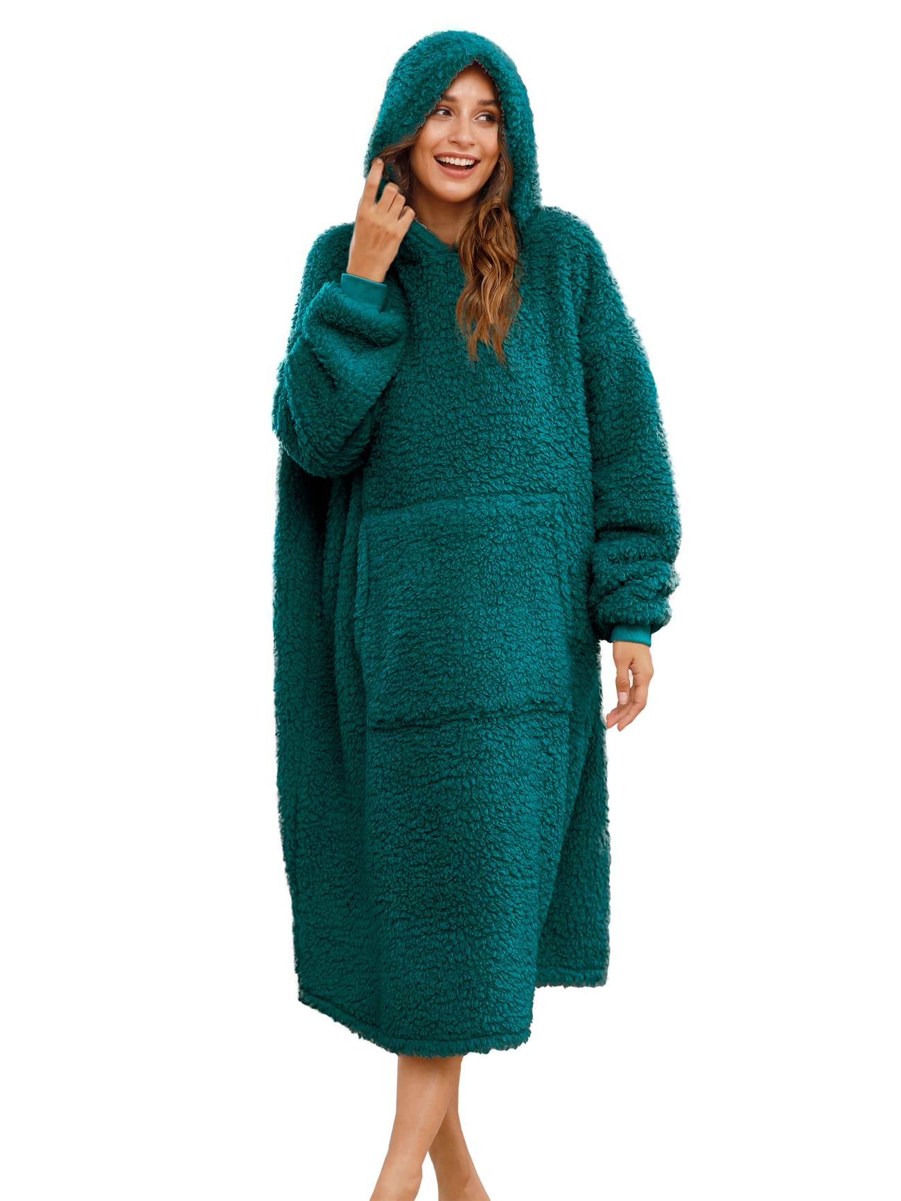 ililmmoe Oversize Sherpa coperta indossabile con cappuccio per donne uomini, lunga e confortevole coperta sherpa Shaggy pullover peluche calda coperta accogliente taglia unica Malachite