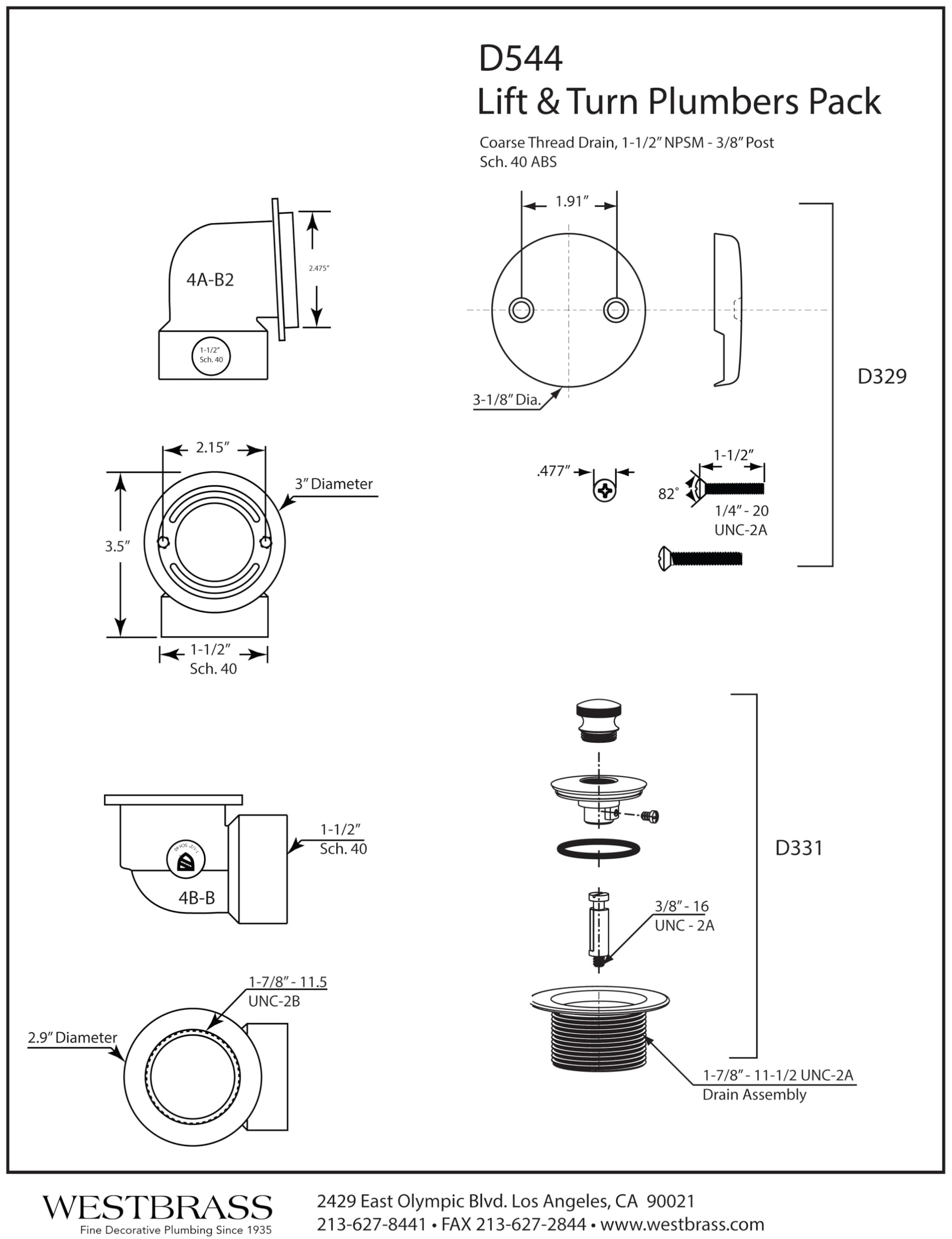 Westbrass A544-62 Plumber's Pack Twist & Close - Tapón de drenaje para bañera con placa frontal de dos agujeros - SCH. 40 ABS, negro mate