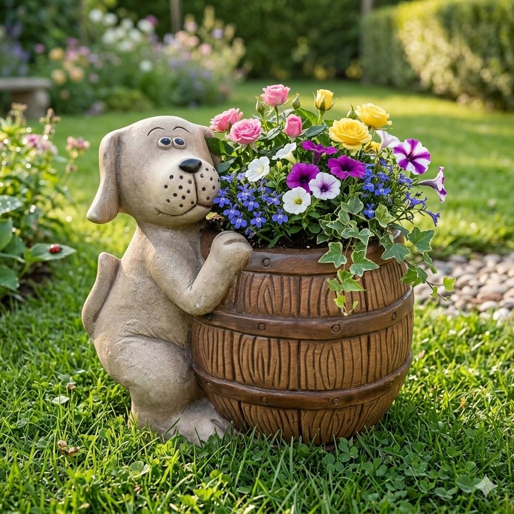 Bloomingtons Direct Dog Garden Planter Pot Novelty Plant Pot Outdoor Dog Planter Animal Themed Plant Barrel for Outdoor Animal Themed Flower Planters Plant Pots Outdoor Patio Decoration