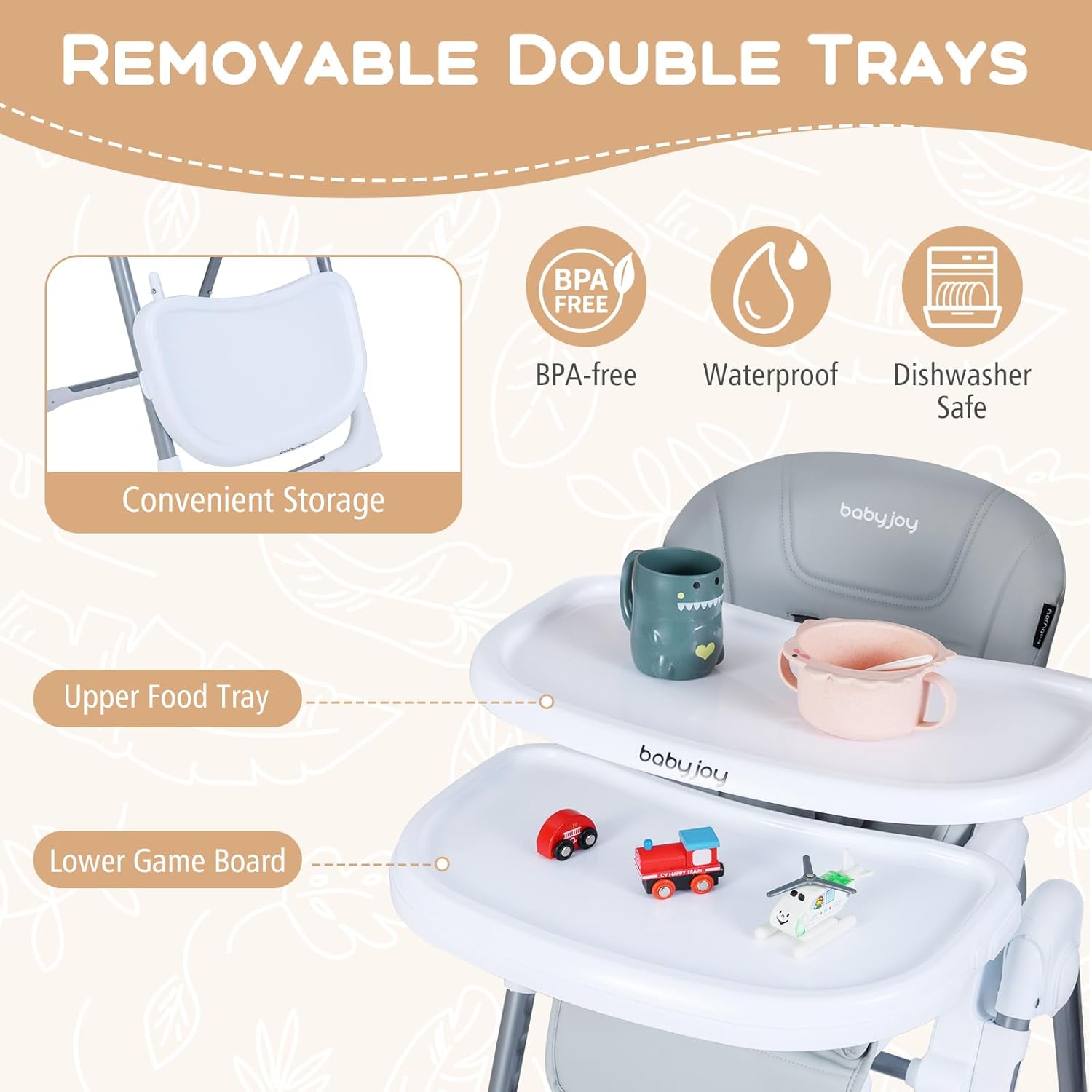 BABY JOY Foldable High Chair, Portable Highchairs for Babies and Toddlers with 7 Heights, 5 Recline Positions, Adjustable Foot Rest, Double Removable Tray & Built-in Wheels (Light Gray)