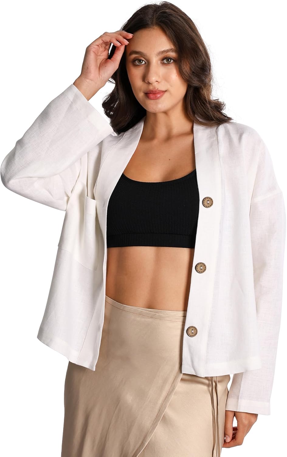 Women's Pure Linen Jacket Long Sleeves Botton Down Casual Cardigan Tops