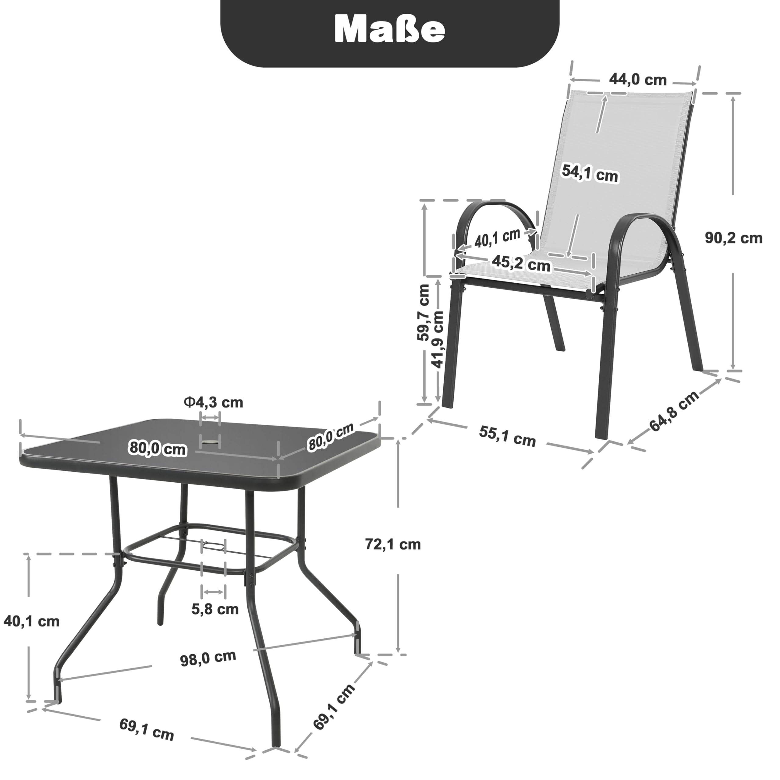 Avestar 5-teiliges Gartenmöbel Set, Garten-Essset für 4 Personen, 4 stapelbare Stühle und EIN quadratischer Tisch aus Metell, für Rasen, Balkon, Garten, grau und schwarz