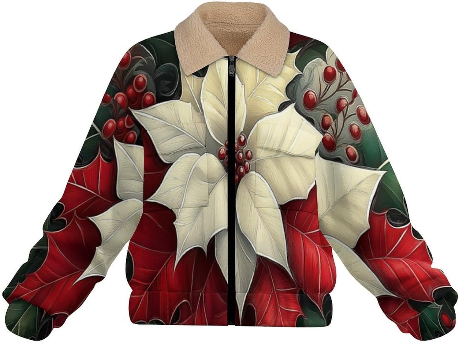 Womens Fleece Jacket with Holly leaves berries Printed, Zip Up Lapel Sherpa Lined Coats,Casual Winter Warm Outwear