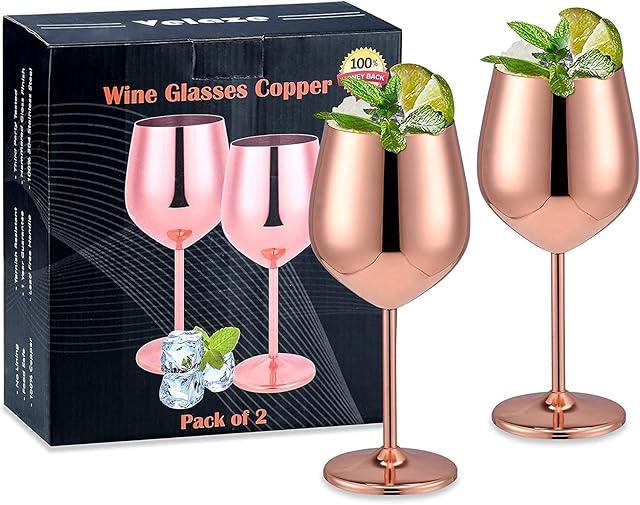Velaze Copper Wine Glasses Set, 600 ML Stainless Steel Unbreakable Wine Goblets Shatterproof for Red and White Wine, Luxurious Hammered Copper Wine Glasses Set of 2, for the Wine Lovers