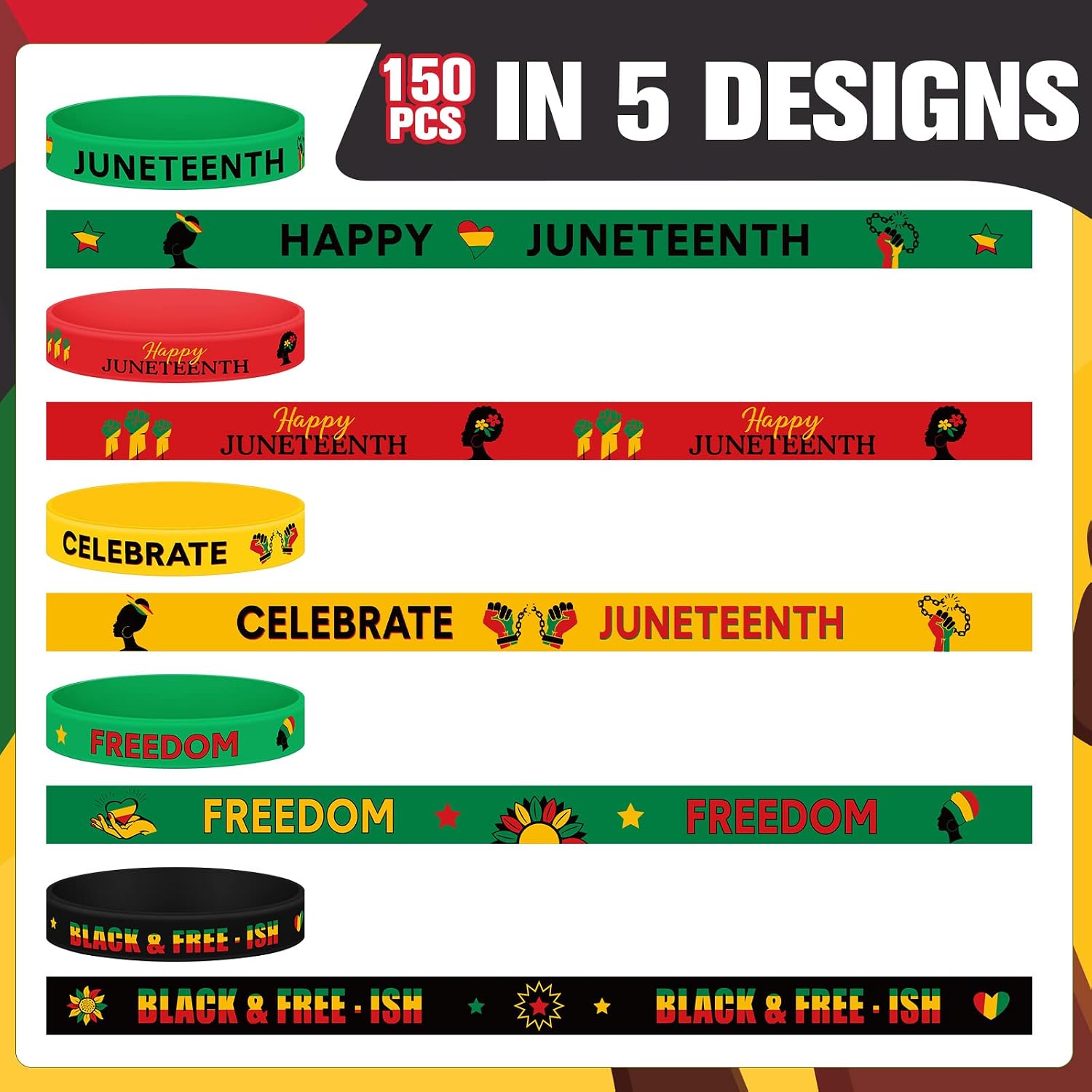 150 Pcs Juneteenth Party Favors Juneteenth Day Silicone Wristbands Rubber Bracelets Freedom Day Patriotic Supplies for Women Men African Afro Independence Supplies Goodie Bag Fillers, 5 Styles