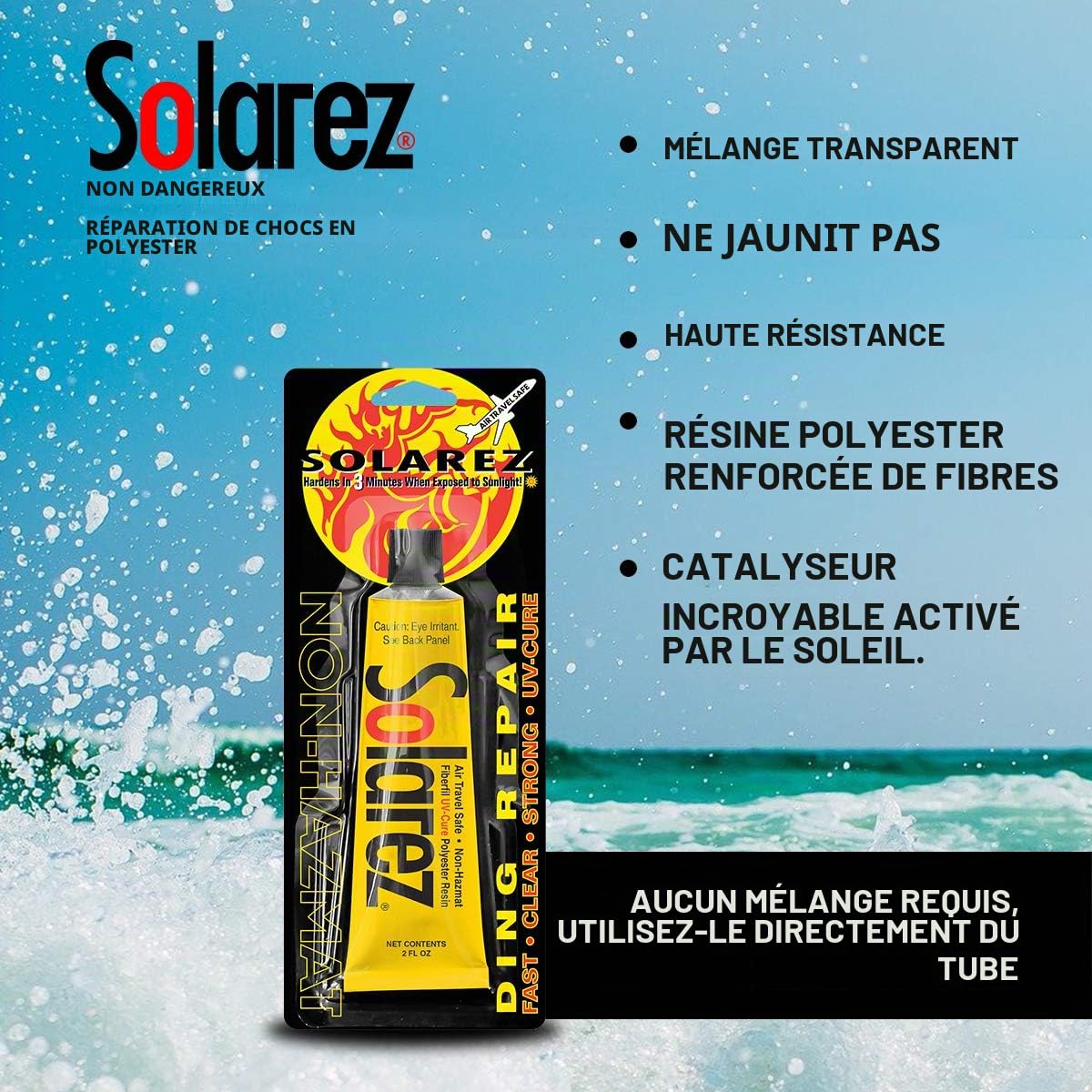 Solarez Kit de réparation pour planche de surf en polyester à séchage UV Air Travel Safe (28,3 g) - Formule sûre et non dangereuse, séchage en moins de 3 minutes. Comprend un tampon de sable grain 60/240, durcissement solaire 100 % fabriqué aux États-Unis