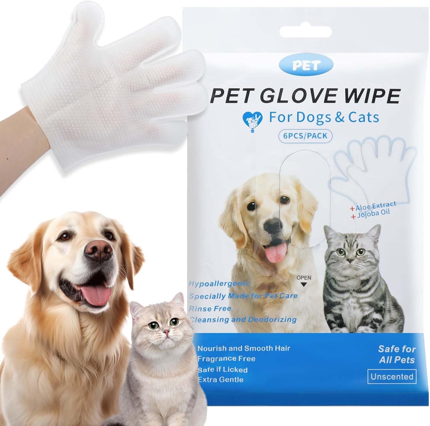 Disposable Pet Grooming Gloves 6 Pack, Waterless No Rinse Bathing Mitts, Deodorizing Pet Glove Wipes for Dogs, Cats, Puppies and Kittens, Home & Travel Use