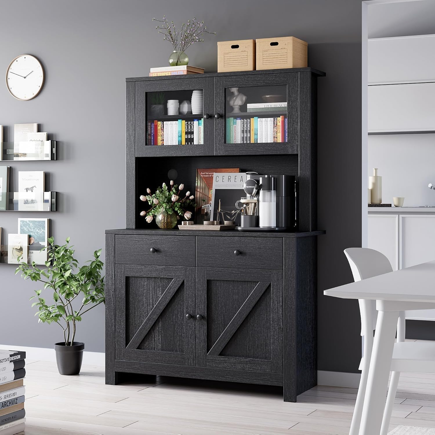 Kitchen Pantry Cabinet with Microwave Stand, Freestanding Hutch Cabinet with Buffet Cupboard, Tall Storage Cabinets with Adjustable Shelves for Kitchen, Dining Room, Black