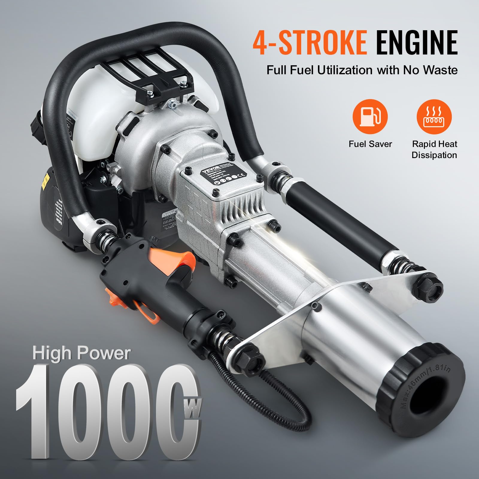VEVOR Martillo para Hinca de Postes en T a Gasolina 37,77 cc, Motor de 4 Tiempos, con Cabezal para Hincar 3 Postes de 45/55/88 mm, 1000 W, para Cercas de Granjas y Ranchos, Mejoras de Carreteras