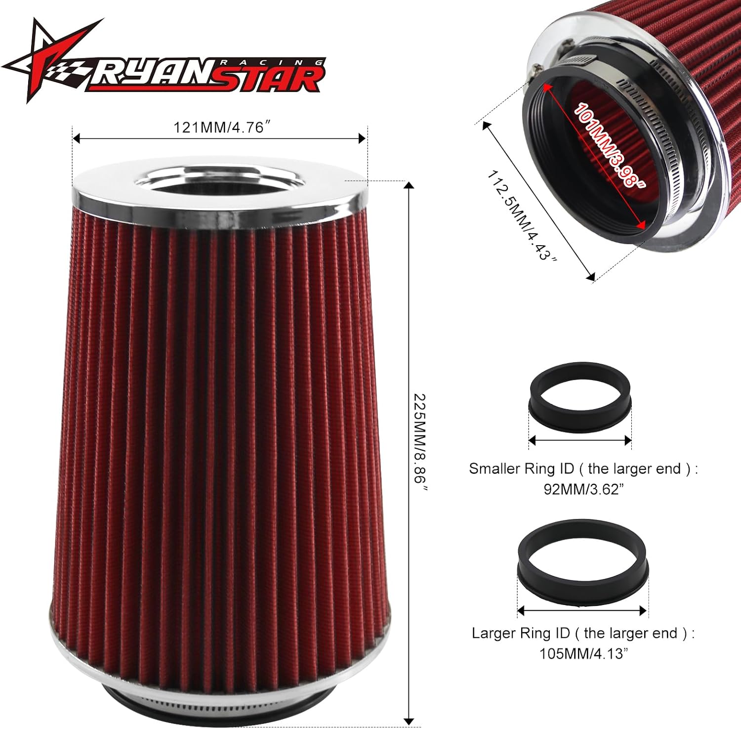 RYANSTAR RACING Universal Clamp-on Cone Air Filter Compatible wiht Three Different Size 3" 3.5" 4"High Flow Round Tapered Cone Closed-Top Cool Air Filter Cleaner Compatible with Car and Motorcycle Red
