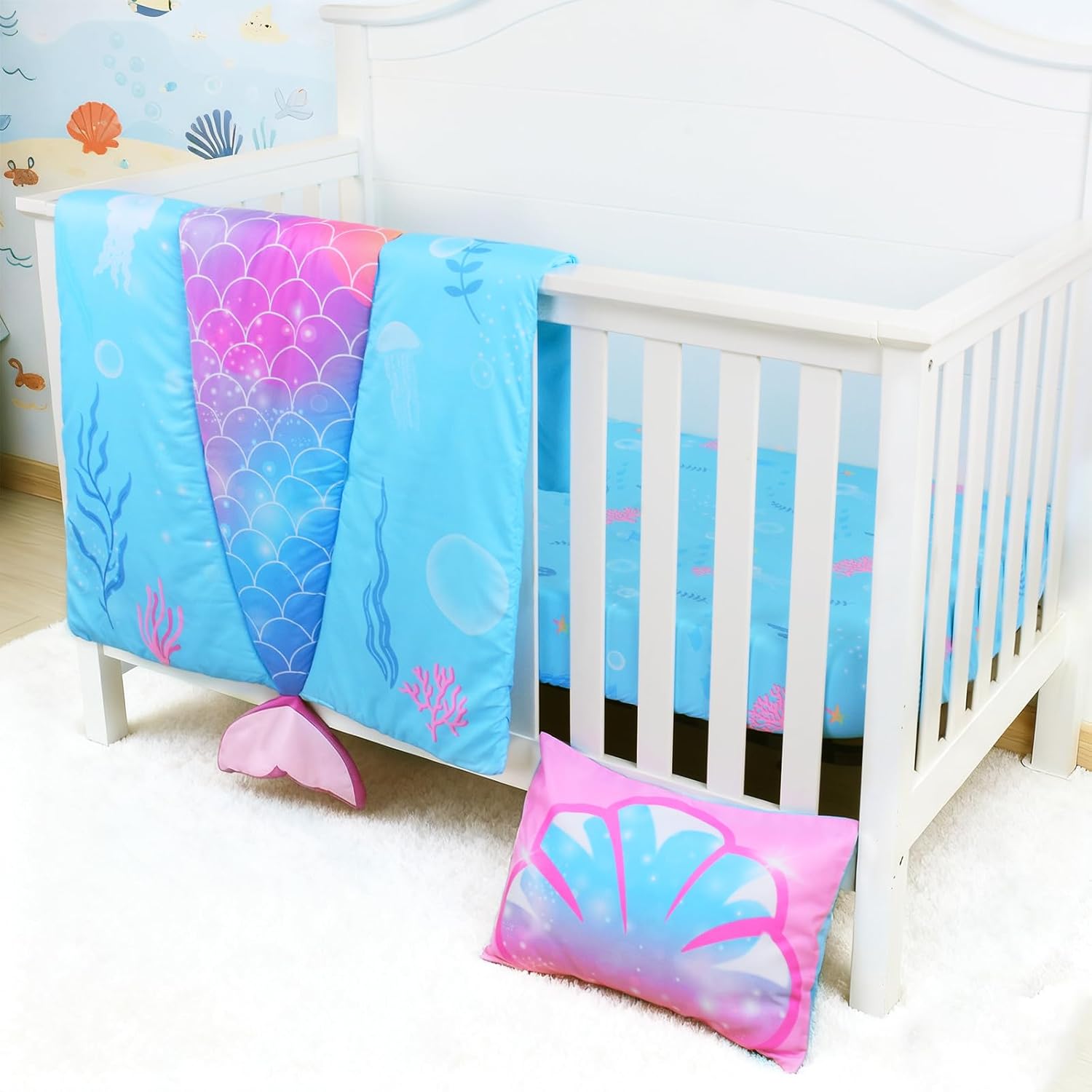 UOMNY Crib Bedding Set for Girls-3 Piece Mermaid Baby Girl Crib Bedding Sets with Baby Comforter Crib Sheet Pillowcase,Nursery Bedding Set