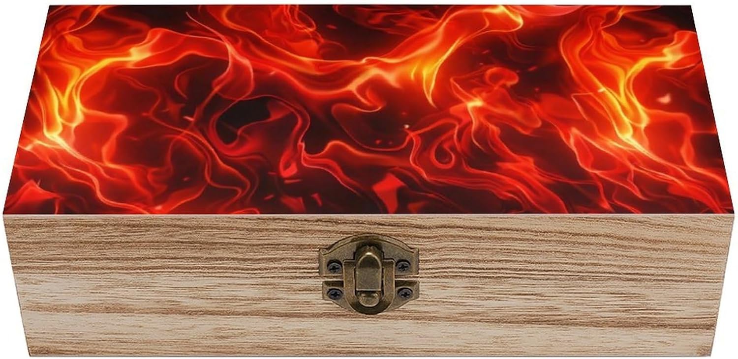 Red Fire Flames Decorative Wooden Storage Box Trinket Jewelry Memento Case Home Decor