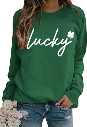 Womens Long Sleeve Shamrock Crew Neck Shirt Tunic Tops Clover St Patricks Day Pullover Sweatshirt