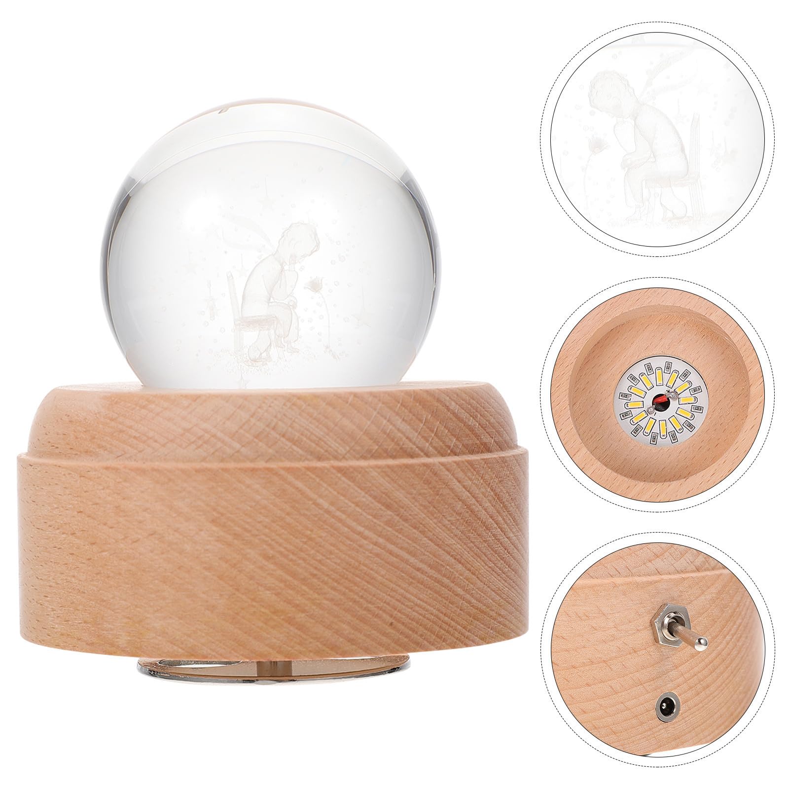 Caja de Música Giratoria Bola de Cristal y Base de Madera, Lámpara de Proyección LED para Luz Nocturna Infantil en Hogar y Oficina