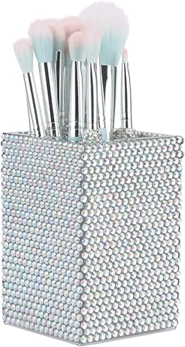 KEYPOWER Portalápices de acrílico decorado con diamantes de imitación brillantes para brochas de maquillaje, accesorios modernos de papelería de