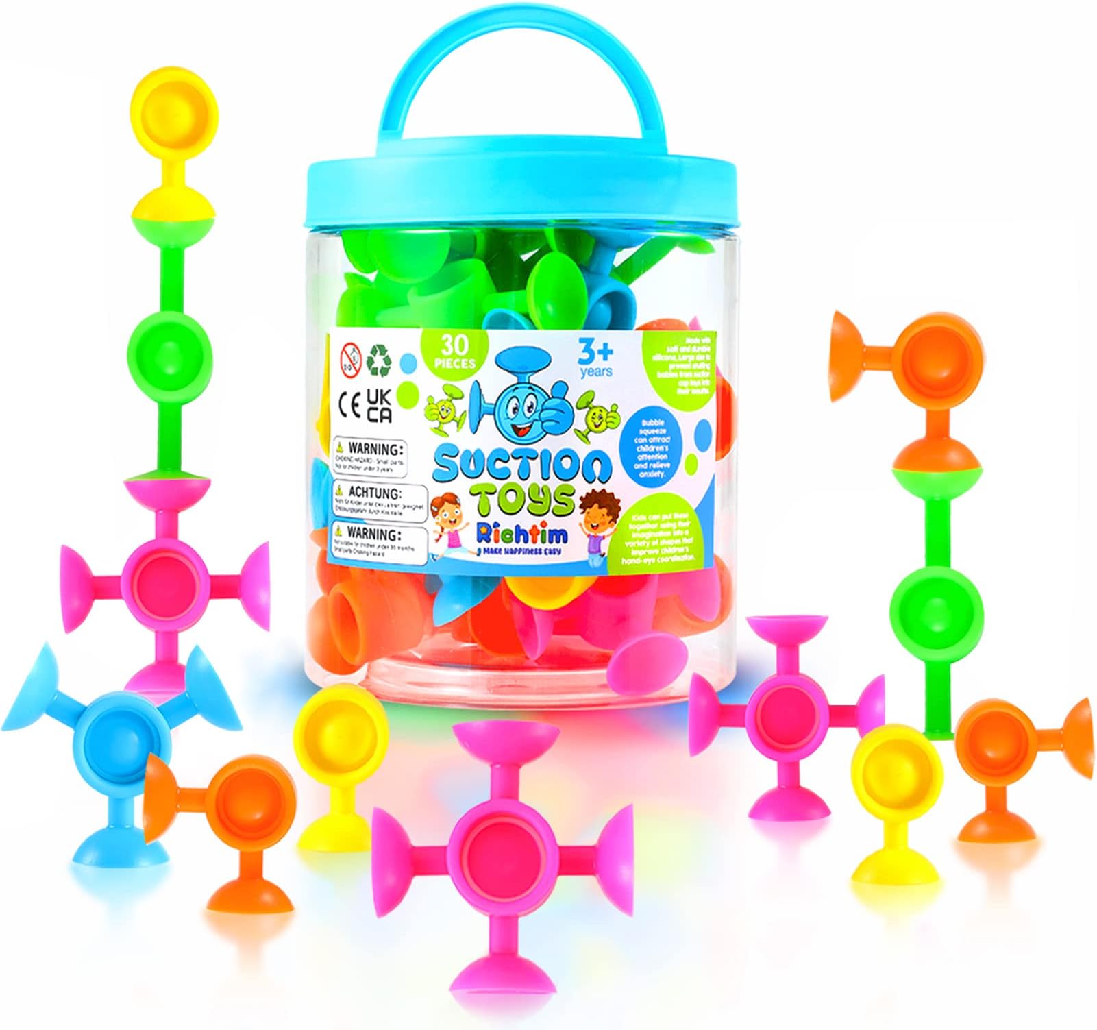 Suction Toys Bath Toy Set - Fine Motor Window Toys for Kids with Storage, 30 Pcs Building Stacking Toys for Toddler, Good for Parent-Child Interactive Game, Children's Room, Bathtubs