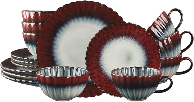 Ceramic Plate and Bowl Set, 16 Pieces, Flower ShapedDinnerware Set, Serves 4, Modern Dinner Salad Plate | Cereal Bowl, Microwave and Dishwasher Safe Kitchenware,red
