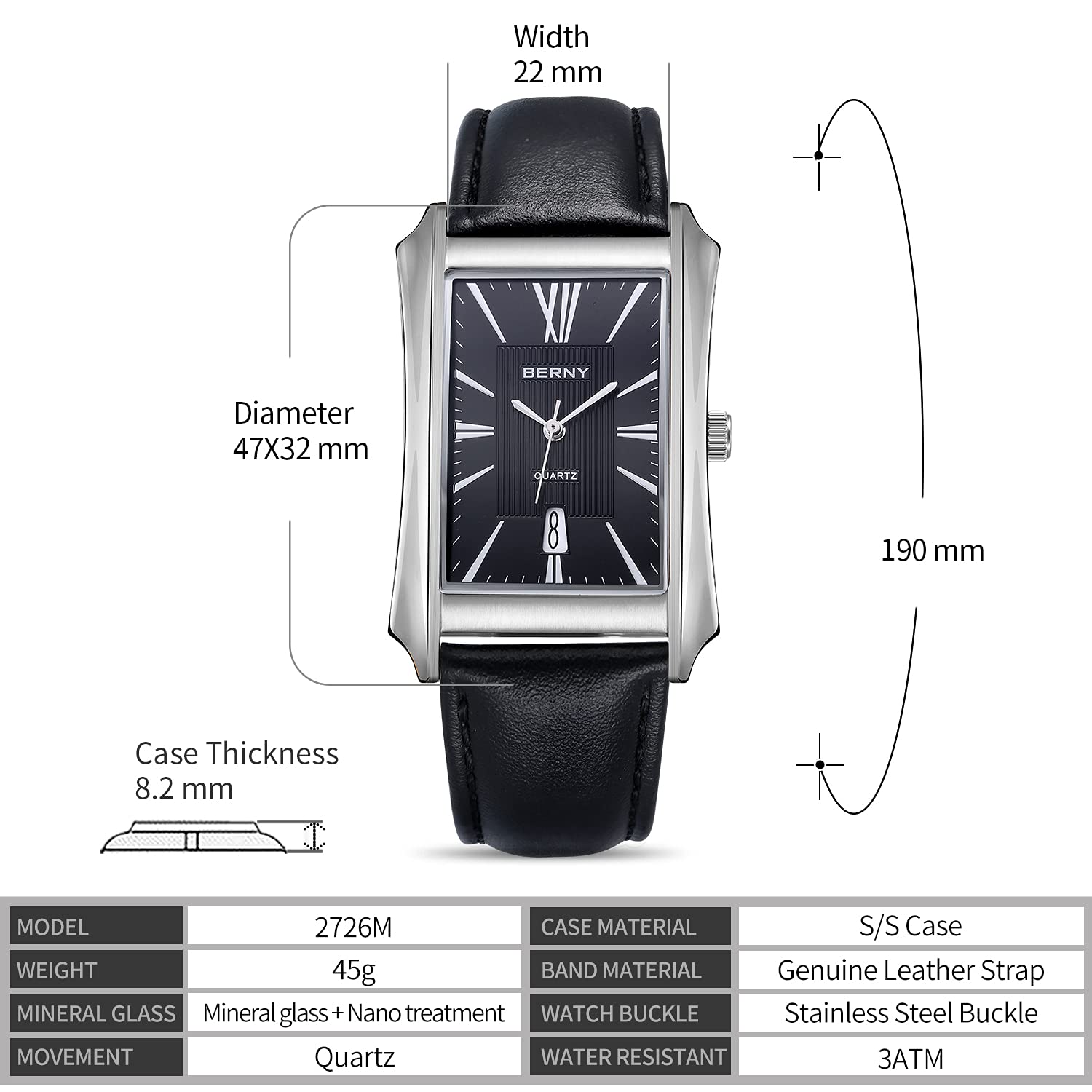 BERNY Orologi da uomo casual al quarzo cassa in acciaio inossidabile con cinturino in pelle rettangolare orologi da uomo (nero, bianco, grigio, oro rosa)