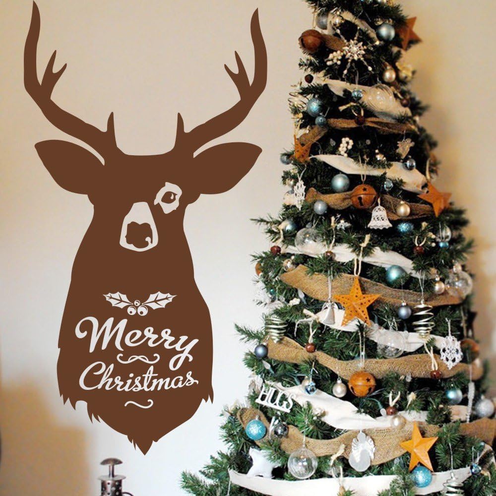 Christmas Wall Decal Vinyl Reindeer Wall Sticker Holiday Season Wall Mural Graphic Merry Christmas Home Art Decor Tomato Red
