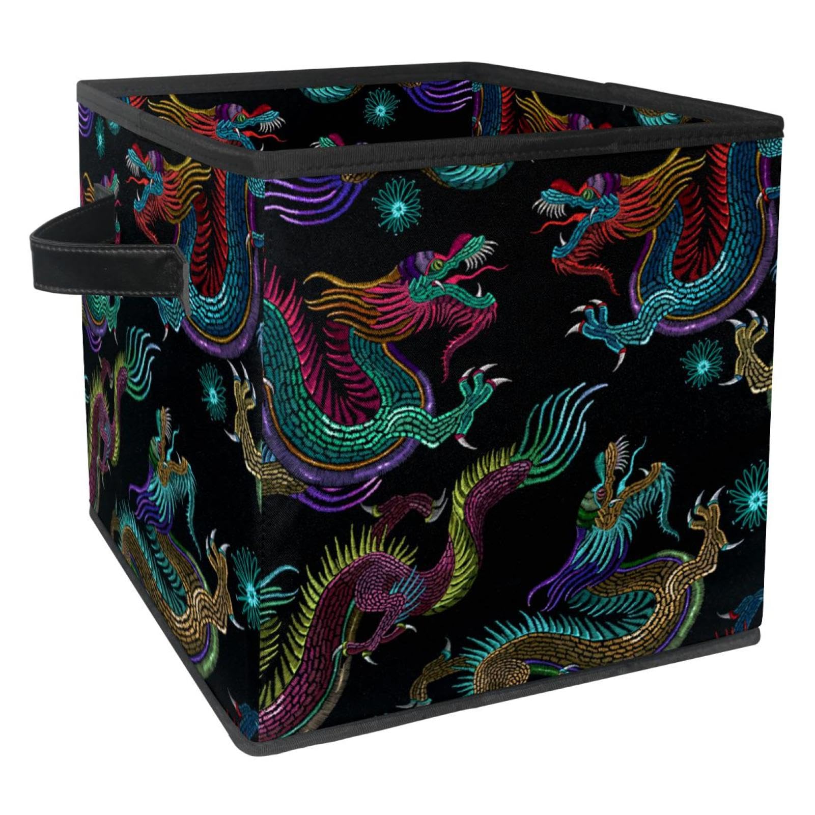 Boîte de rangement pliable en tissu pour jouets et vêtements avec broderie dragon