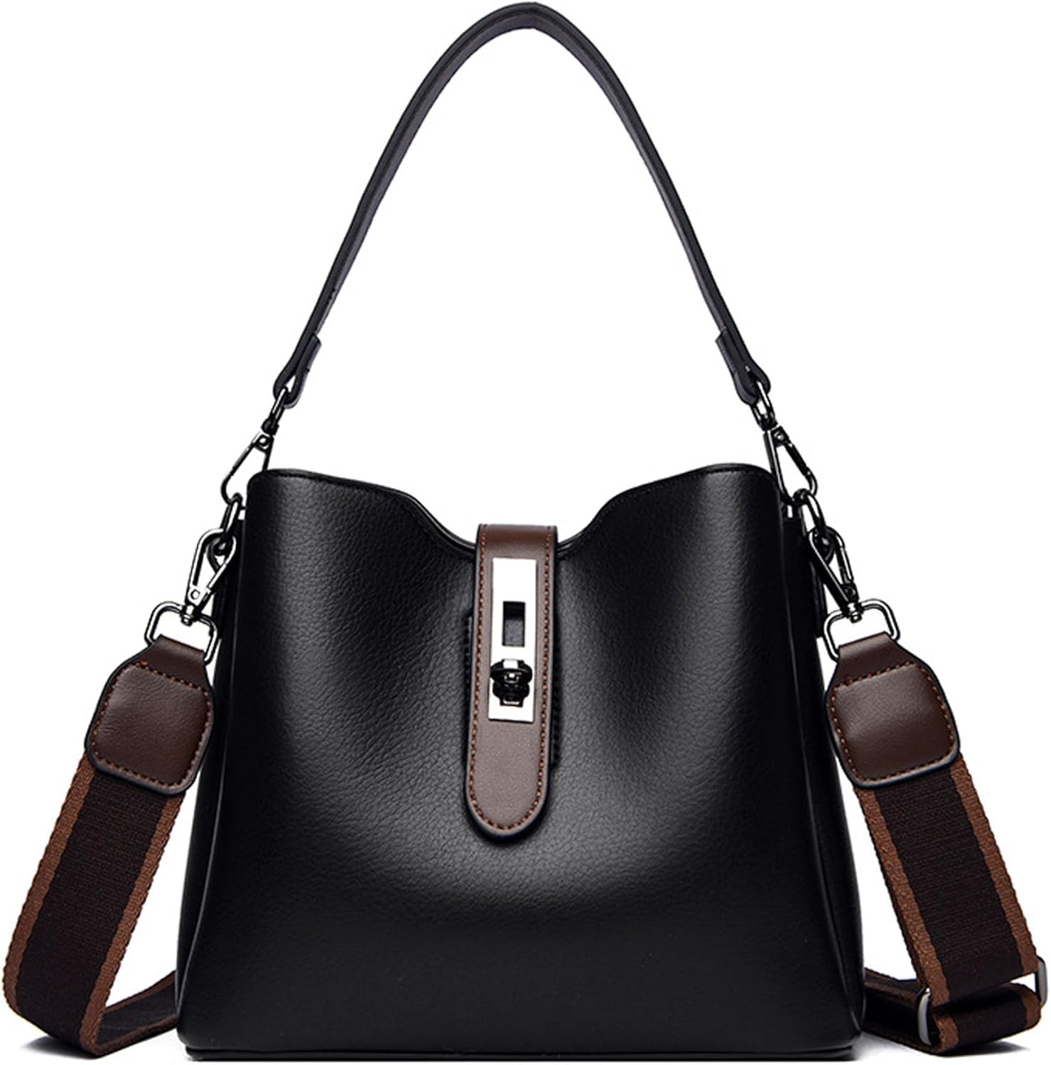 Three Straps Bucket Bag for Women – Soft Slouchy Faux Leather Tote Purse, Classic Simple Crossbody Tote for Daily