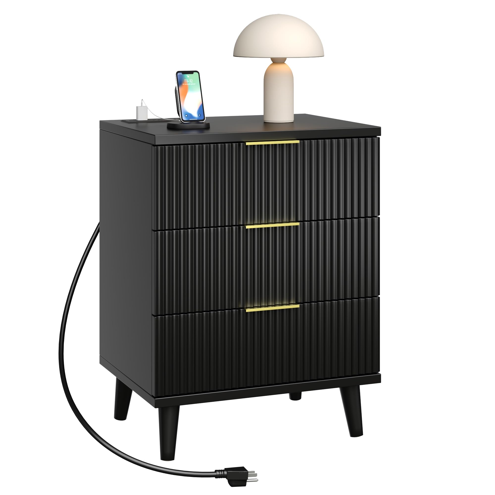 QIPAKA Fluted Black Nightstand with USB Charging Station, 3-Drawer Dresser Wood Modern Night Stand Bedside Table with Quiet Drawers & Large Storage End Table for Bedroom