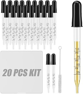 Hescieb 20 Pack 1ml Glass Eye Droppers with Storage Case & Cleaning Brush - Precise Pipettes for Essential Oils, Medicine, Crafts, Lab, Pets