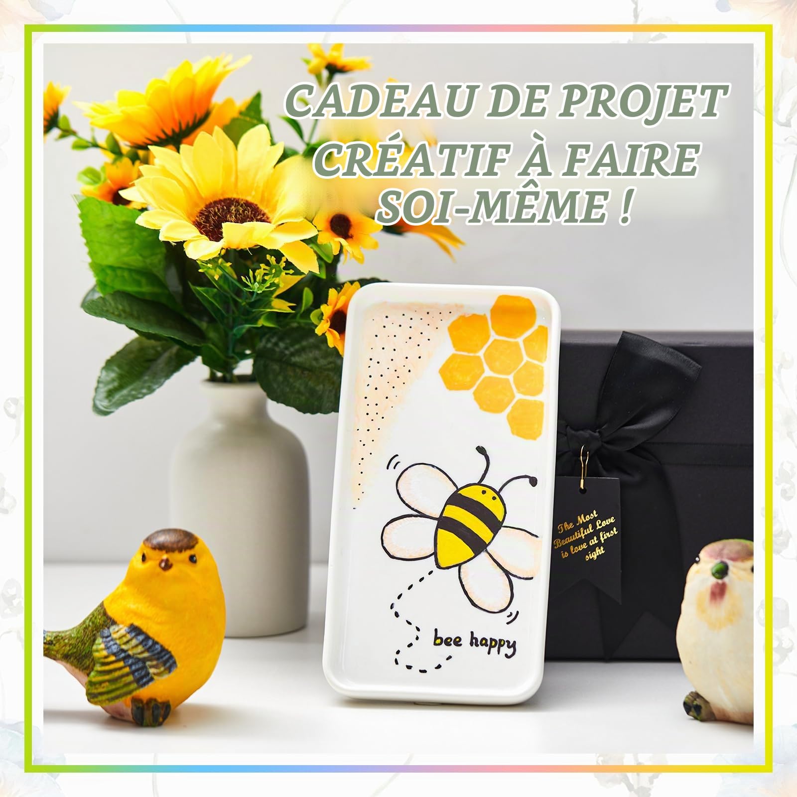 Sinmoe Set de Peinture Céramique DIY 3 Assiette en Céramique Plat de Service Blanc 12 Stylos en Porcelaine Lavables au Lave-Vaisselle Coffret-Cadeau Noël Couple Amis Famille (Rectangulaire, 8 Pouces)