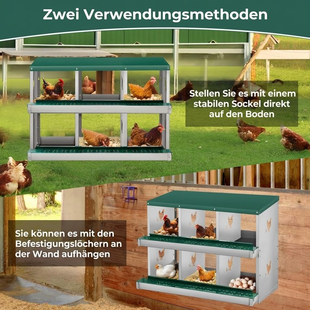 Hühner Legenest 6 Fächer Metall, Abrollnest mit Eierablage, Grün, Stabil | Leicht zu reinigen, Wandhalterung, Montageleicht, Hühnerstall, Geflügel, Hygiene, Robust, Zeitsparend, Nestbox