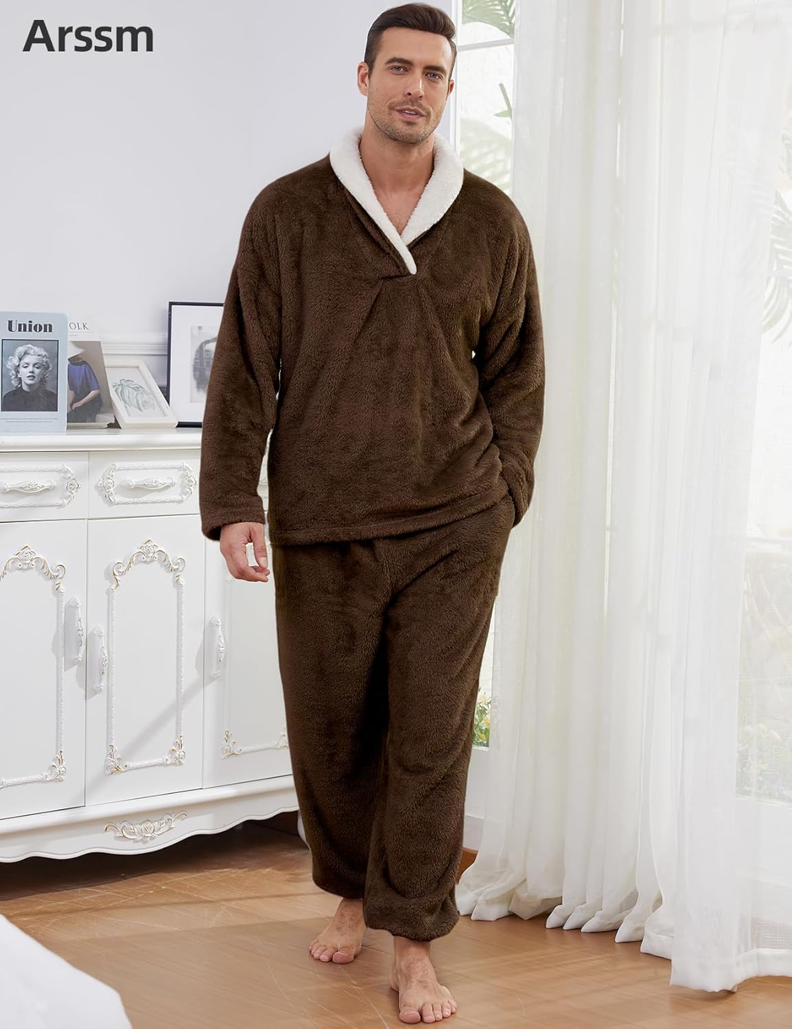 Arssm Mens Fluffy Pajamas Set 2 Piece Fleece Pjs Loose Plush Winter Warm Cozy Loungewear Sleepwear - Image 8