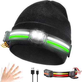EGUKU Rechargeable Headlamp Beanie, 1200Lumens Bright Beanie with Light, 260Wide Beam Unisex Hat Headlamp 11 Lighting Modes, Hat with Red&Green Light 5oz Lightweight for Women Men