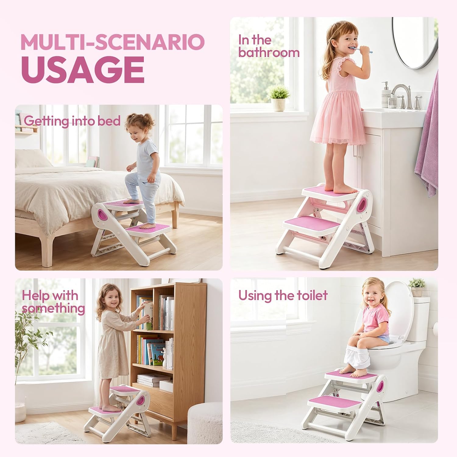 Foldable Toddler Step Stool for Bathroom Sink, Toilet, Bedroom, Kitchen – Non-Slip, Space-Saving, BPA-Free, Supports 110 lbs, Kids Step Stool (Pink)